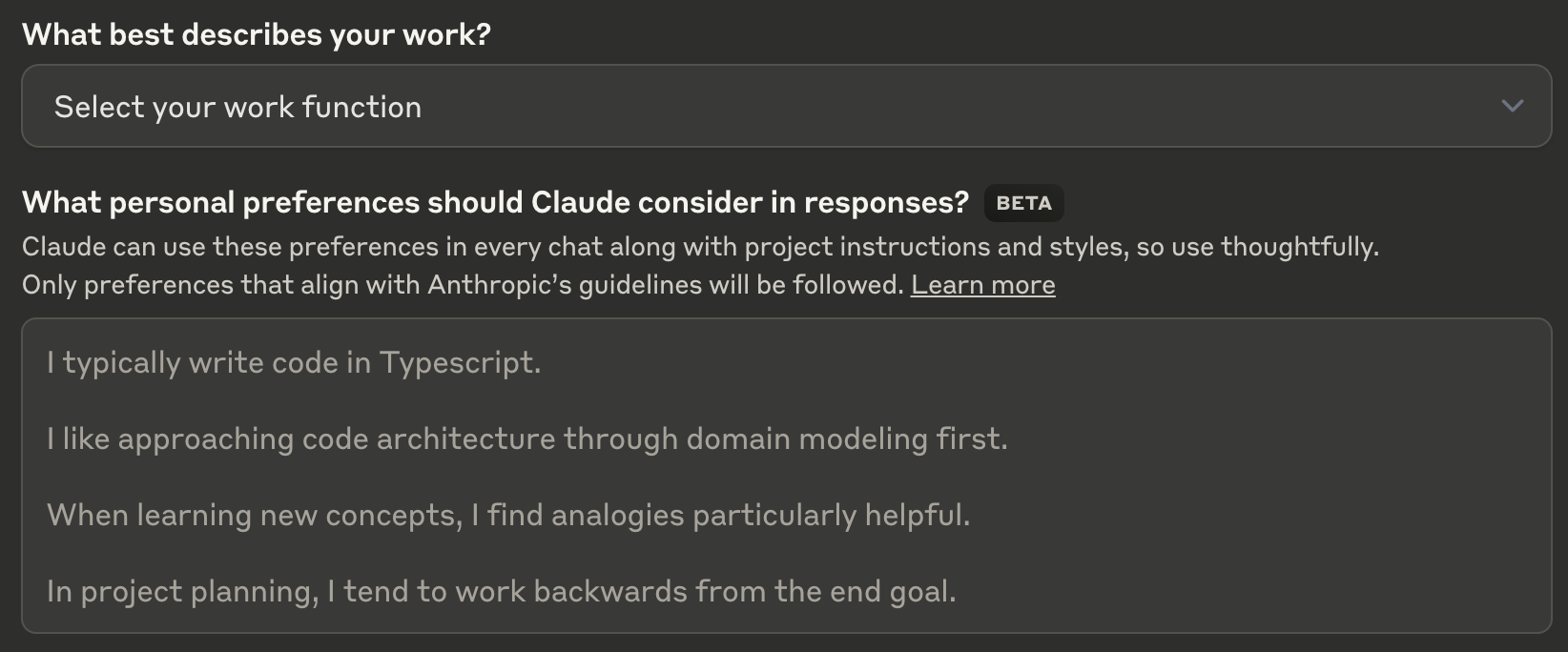 Claude profile settings