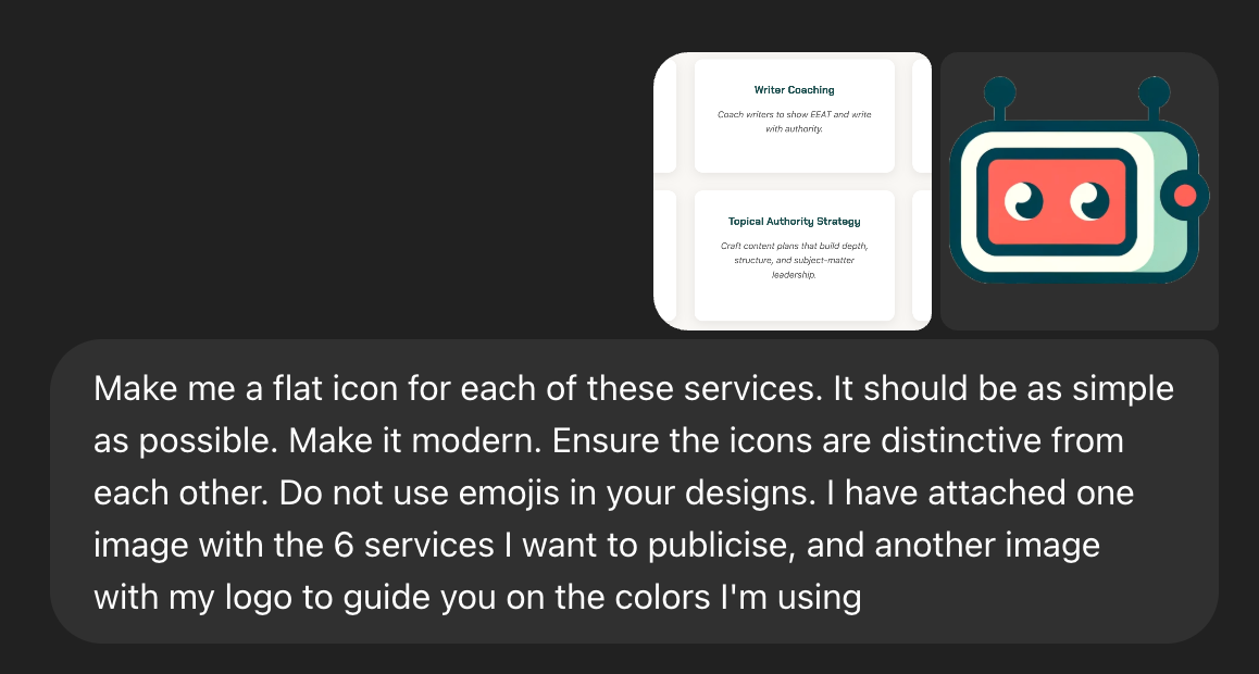 Make me a flat icon for each of these services. It should be as simple as possible. Make it modern.