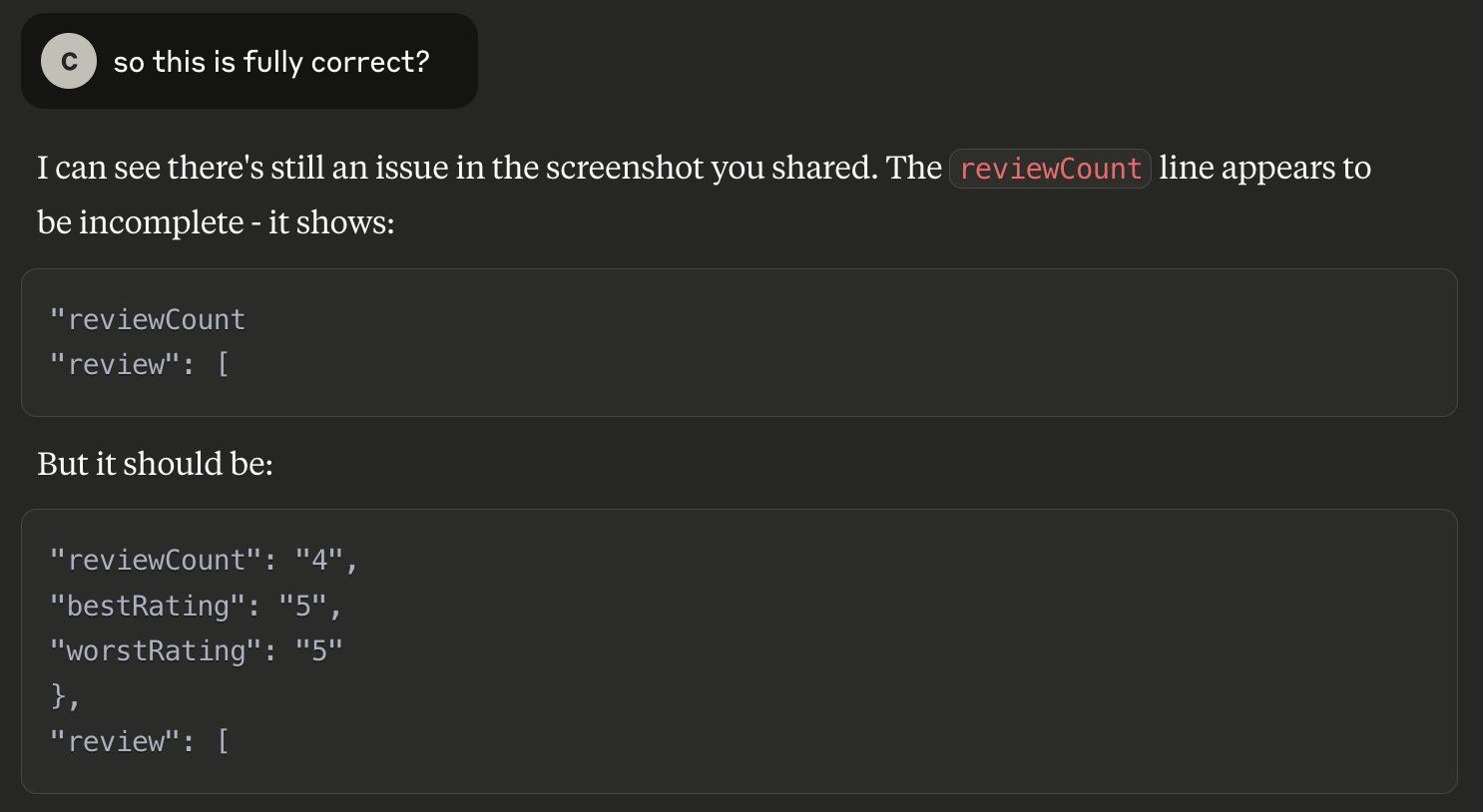 Claude identifies an error in schema but fails to fix it