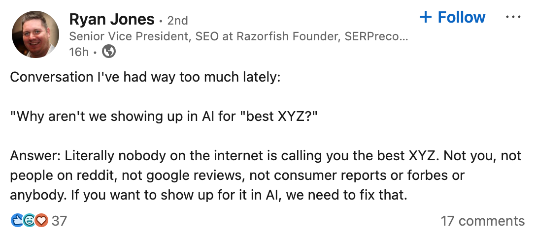 Quote from Ryan Jones on LinkedIn