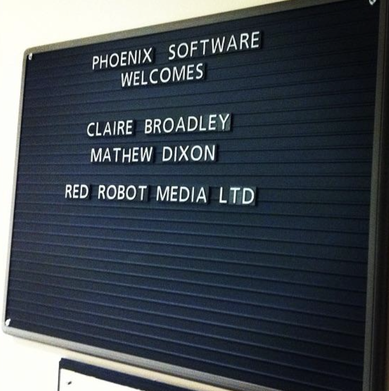 Noticeboard welcoming Claire Broadley and Mathew Dixon to Phoenix Software