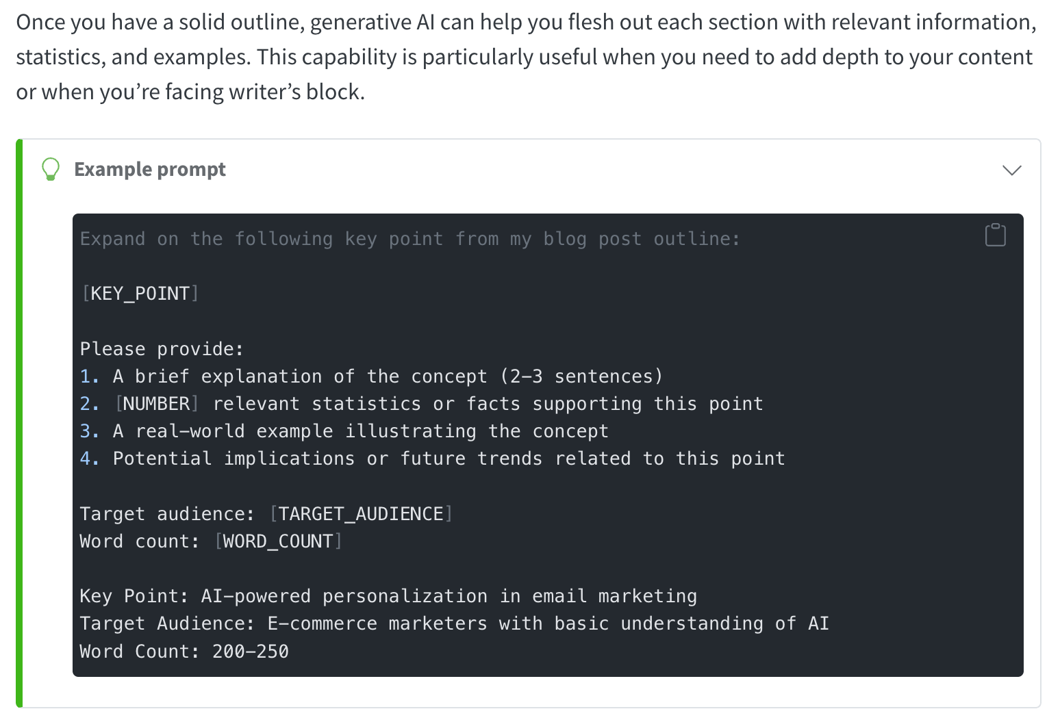 Example of a prompt that generates content in sections