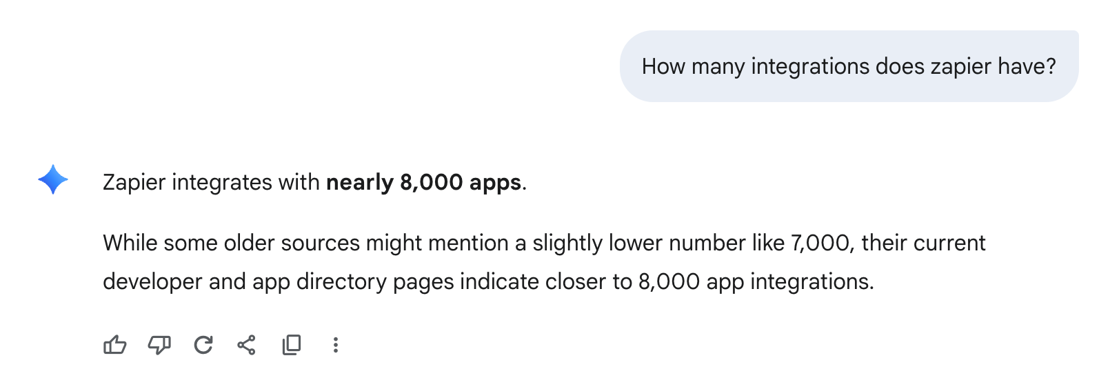 Gemini stating Zapier has 8,000 integrations
