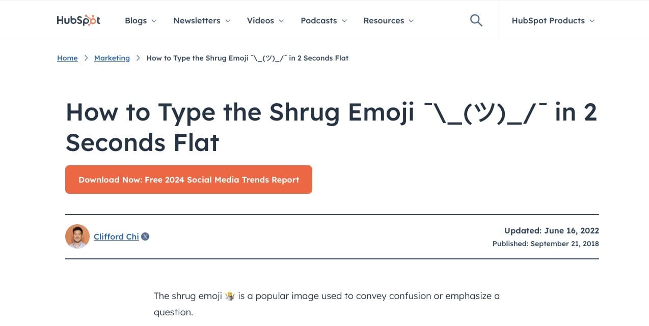 HubSpot's blog post on how to type th shrug emoji