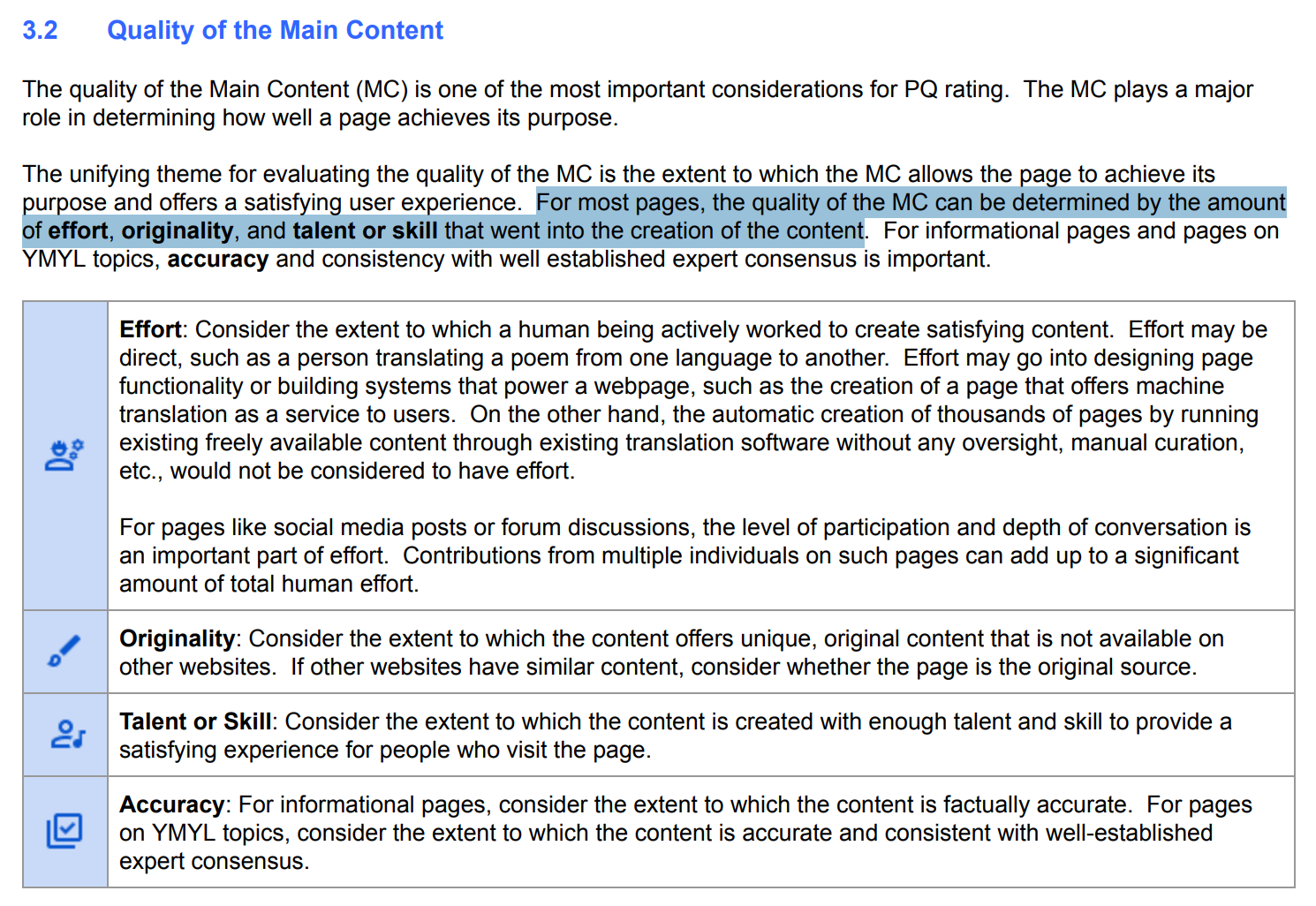 Quality Rater's Guidelines section 3.2 opening paragraph and table