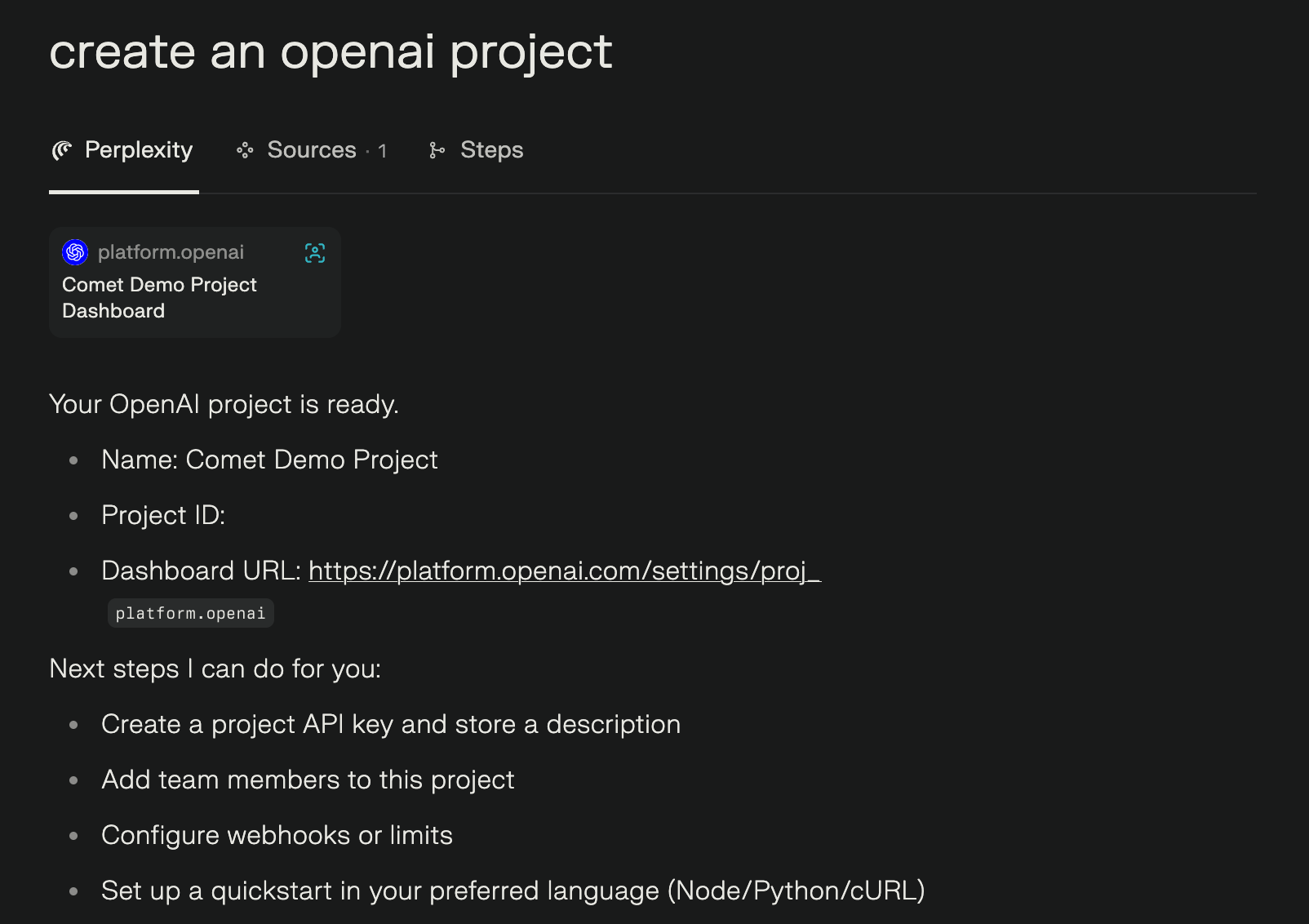 Comet creating a project in the OpenAI dashboard